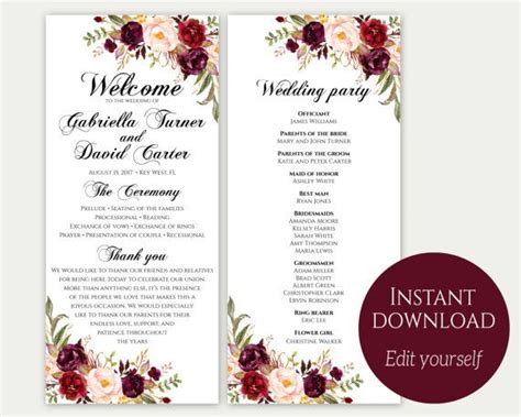 Wedding Program Template, Ceremony Template, Wedding Program Printable, Order of Ceremony ...