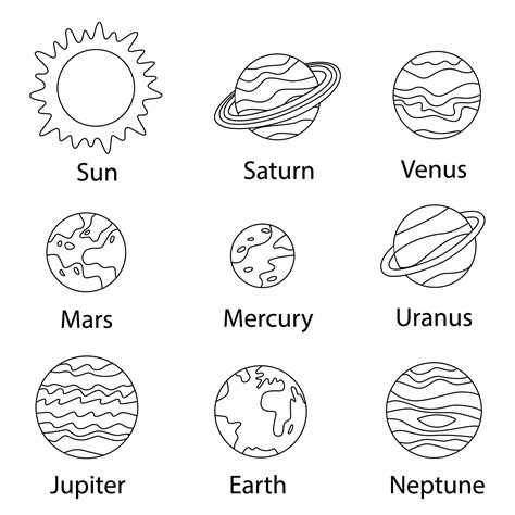 afiche en blanco y negro con planetas del sistema solar con nombres ...