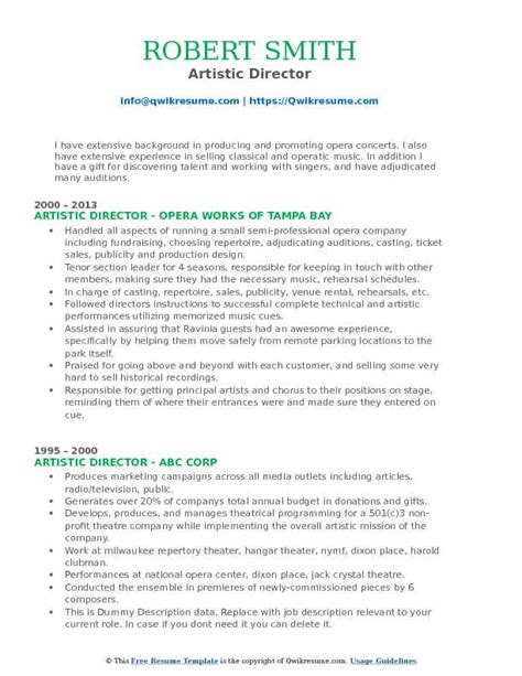 Artistic Director Resume Samples | QwikResume