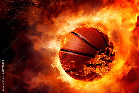 Flaming basketball flies through black background, poster, AI generative content. Stock ...