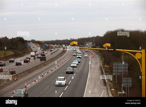 Average speed cameras mounted to catch speeding drivers on the M5 motorway near Clevedon ...