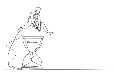 Continuous one line drawing businessman jump over or passing hourglass ...