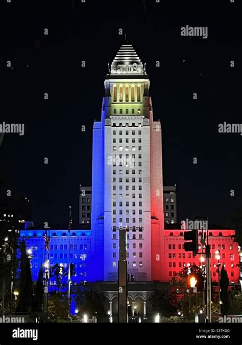 LOS ANGELES, CA, OCT 2021: close view of City Hall in Downtown at night, with blue, white and ...