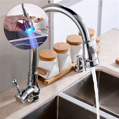 New Kitchen Sink Faucet Led Light Rotatable Spout Pull Out Down Spray ...