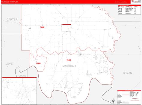 Marshall County, OK Zip Code Wall Map Red Line Style by MarketMAPS