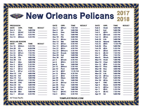 Printable 2017-2018 New Orleans Pelicans Schedule