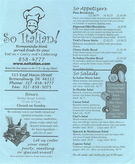 Menu at So Italian pizzeria, Brownsburg