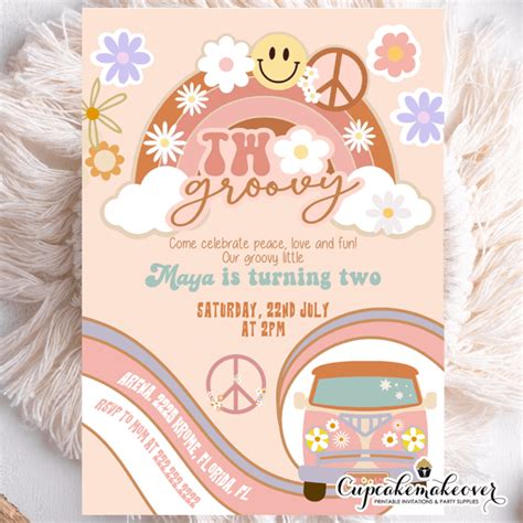 Retro Rainbow Two Groovy Birthday Invitations - Cupcakemakeover