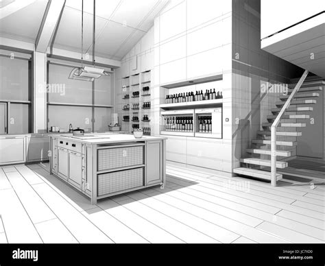 modern kitchen as 3d wireframe Stock Photo - Alamy
