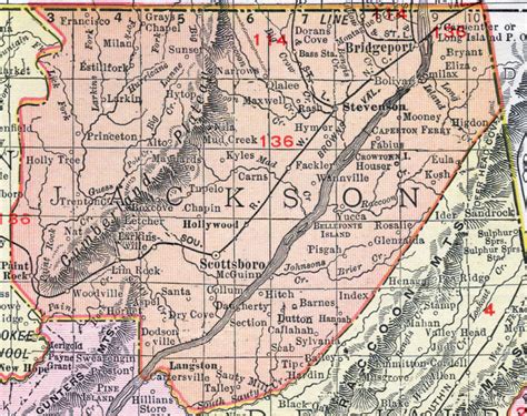 Jackson County, Alabama, Map, 1911, Scottsboro, Bridgeport, Stevenson ...