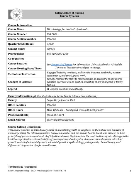 BIO 2100 Syllabus Version 6-1Th+Summer+2023 - Galen College of Nursing Course Syllabus Course ...