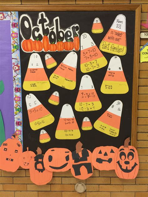 October bulletin board- math fact family candy corns | October bulletin boards, Halloween math ...