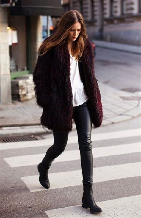 Craving some pleather leggings. | Fashion, Street style, Burgundy fur coat