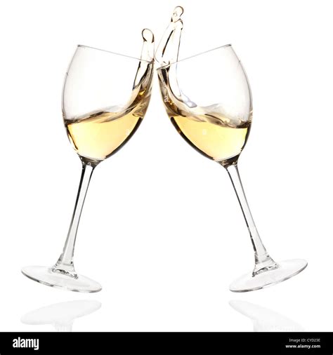 Wine collection - Cheers! Clink glasses with white wine. Isolated on ...