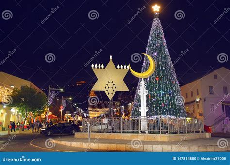 Christmas Tree, Hanukkah Menorah and Crescent in Haifa, Israel ...