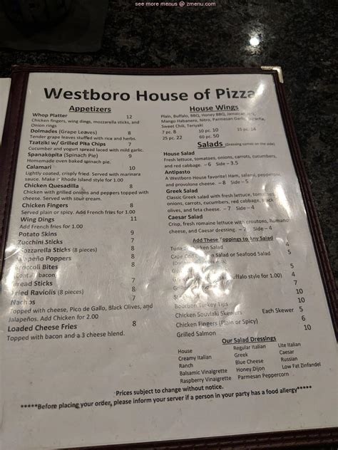 Online Menu of Westboro House of Pizza & Pub Restaurant, Westborough ...