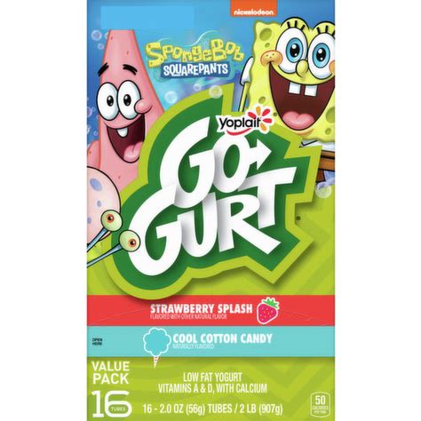 Go-Gurt Yogurt, Low Fat, Strawberry Splash, Cool Cotton Candy, Spongebob Squarepants, Value Pack