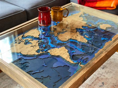 World Map Coffee Table with Ocean Bathymetric Layers - 24x36" – Charles River Woodworks