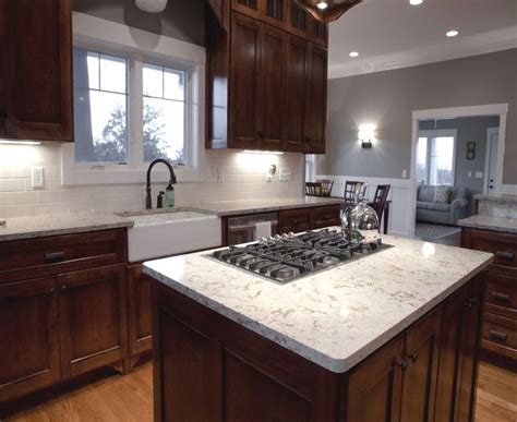 Quartz Countertops with Dark Cabinets Classy Black Gas Stove top White Cambria Quartz Grani ...