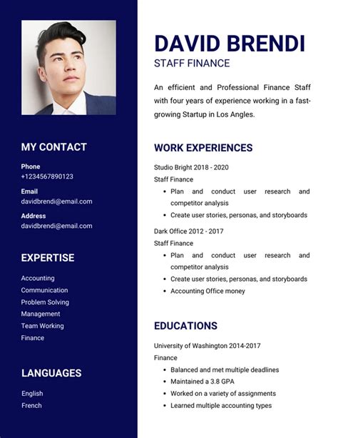 Navy White Professional Finance Resume Template - Venngage