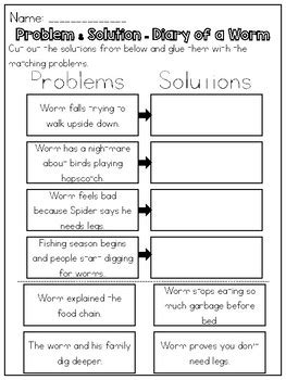 Diary of a Worm - Problem & Solution Worksheet by Kmwhyte's Kreations