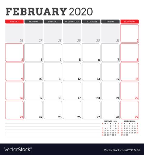 Calendar planner for february 2020 week starts Vector Image