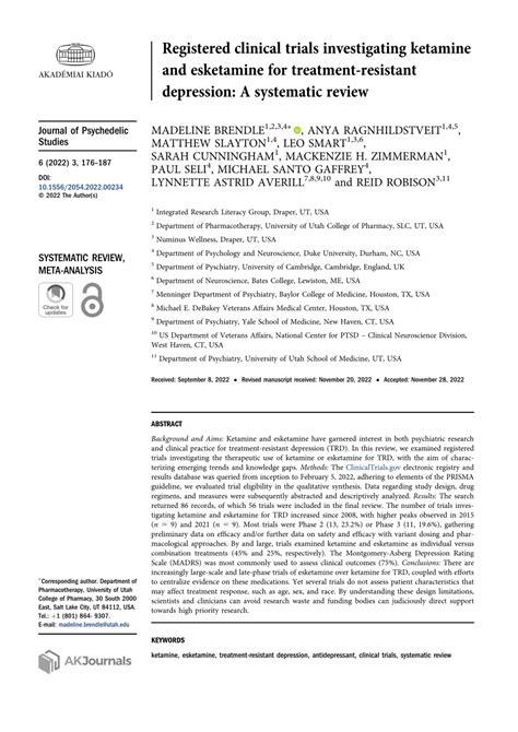 (PDF) Registered Clinical Trials Investigating Ketamine and Esketamine for Treatment-Resistant ...