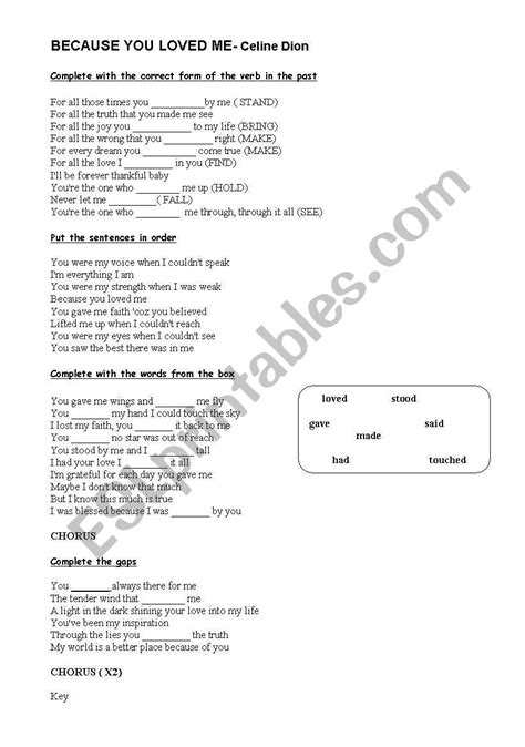 Song- Because you loved me - ESL worksheet by vaniill