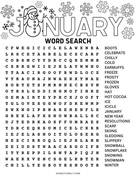 Printable January Word Search