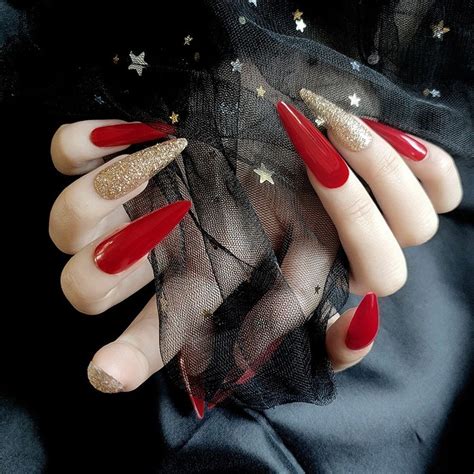 Red and Gold Glitter Stiletto Nails - Sunkissed Nails