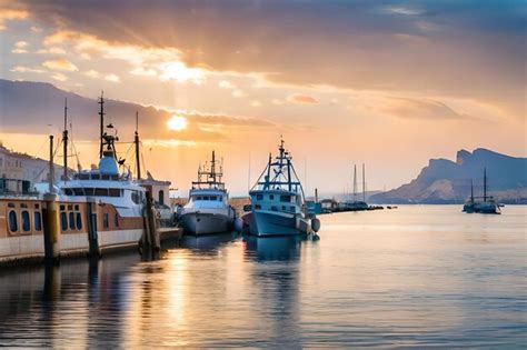 Premium AI Image | fishing boats in the harbor at sunset