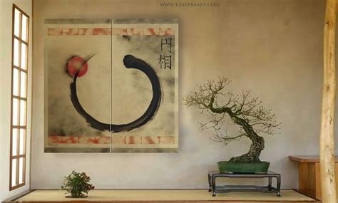 Zen Enso Japanese paining sun Japan Hieroglyph gold original artwork in japanese style J223 ...