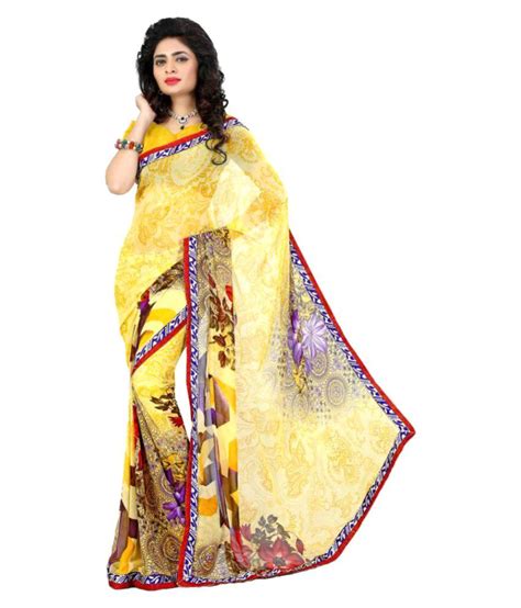 Khushi Wear Yellow and Beige Georgette Saree - Buy Khushi Wear Yellow ...