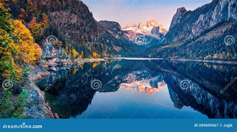 Panoramic Autumn View of Gosausee Vorderer Lake with Dachstein ...