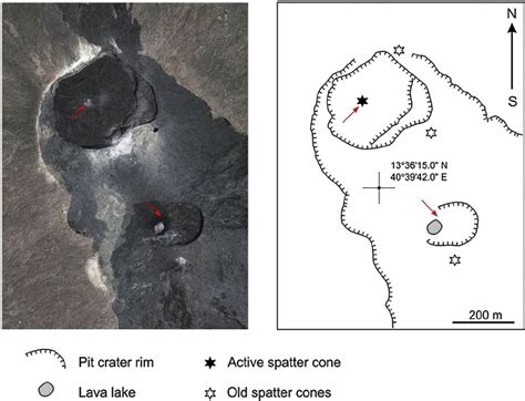 Erta Ale volcano, satellite image and a schematic map. Arrows show... | Download Scientific Diagram