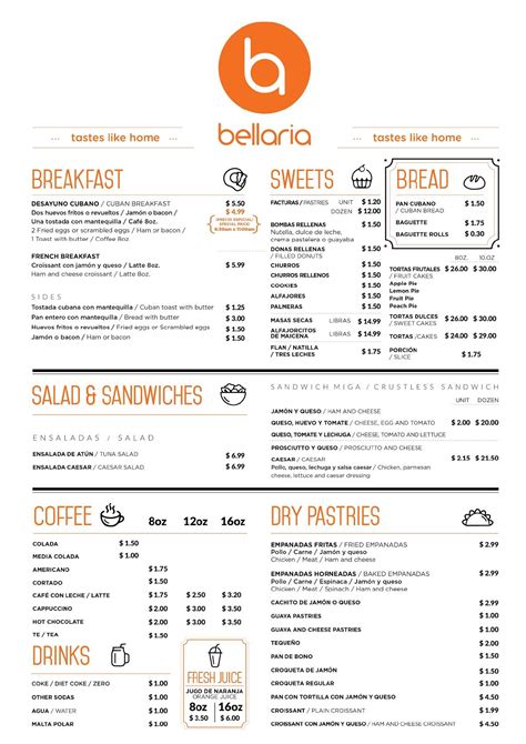 Menu at Bellaria Bakery, Miami