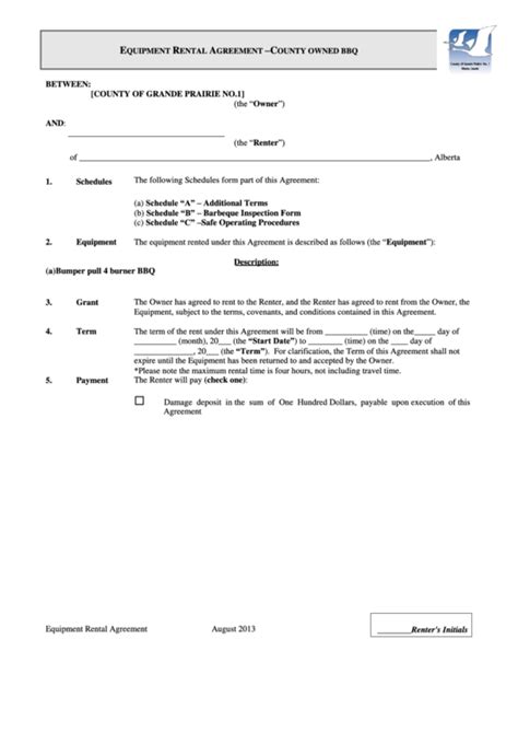 Equipment Rental Agreement Template - County Owned Bbq printable pdf download