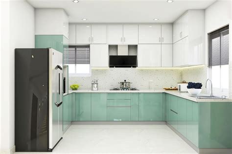 Modular Kitchen Design With Light Green And White Cabinets | Livspace