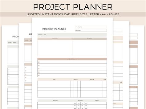 PROJECT PLANNER, A5 Planner Inserts, Instant Download, PDF Letter, A4 ...