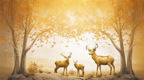 Golden Deer Mural Wallpaper 3d Modern Canvas Art Of A Golden Tree Landscape With Light ...