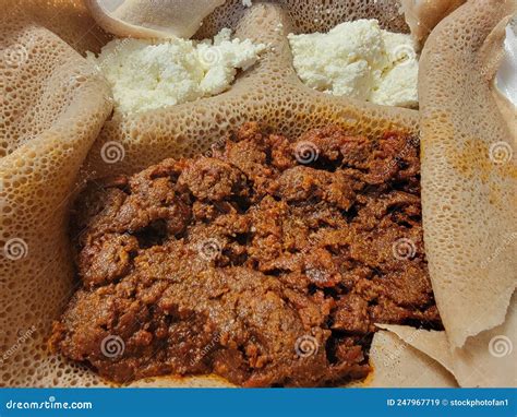 Ethiopian Food Kitfo Raw Beef with Injera Bread and Cheese Stock Image - Image of container ...