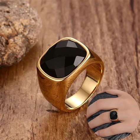 Vintage Black Carnelian Stone Signet Rings for Men Gold Color Stainless ...