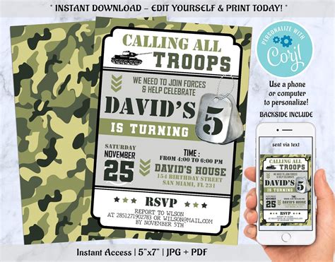 Editable Army Birthday Invitation, Army Invitation, Army Template ...