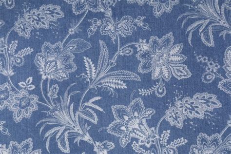 2.75 Yards Waverly Follow The Trail Printed Cotton Denim Decorator Fabric in Denim