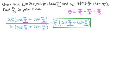 Question Video: Finding the Quotient of Two Complex Numbers in Polar ...