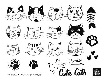 Doodle Cats Clip Art. Cute Cat Faces. Black and White Hand Drawn Cats Clipart.