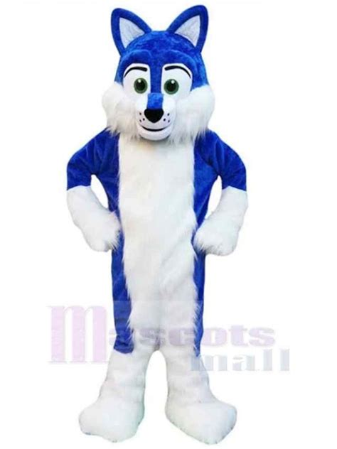 Blue and White Furry Wolf Mascot Costume Animal