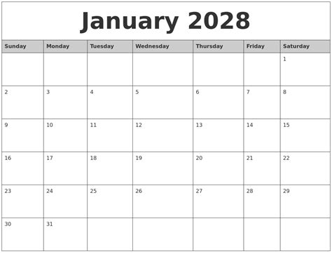 January 2028 Monthly Calendar Printable