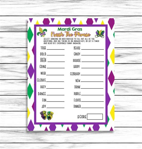 Mardi Gras Party Game Finish the Phrase Word Game Mardi | Etsy