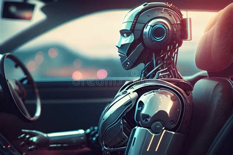 Humanoid Robot Driving Car, Vision of Artificial Intelligence in Automotive. Autonomous Car ...